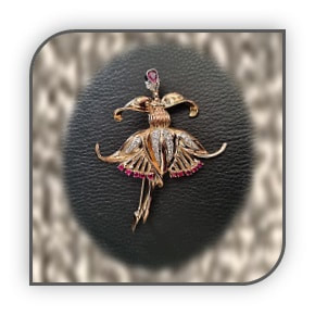 BR09000A-14ct rose gold diamond & ruby ballerina brooch