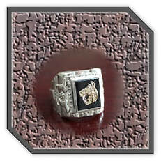 Main page item men's large silver & rectangular onyx with 9ct horse head motif ring $400E