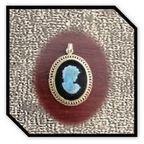 Main page item frilly edge 9ct yellow gold & opal bust on oval onyx cameo pendant $900C